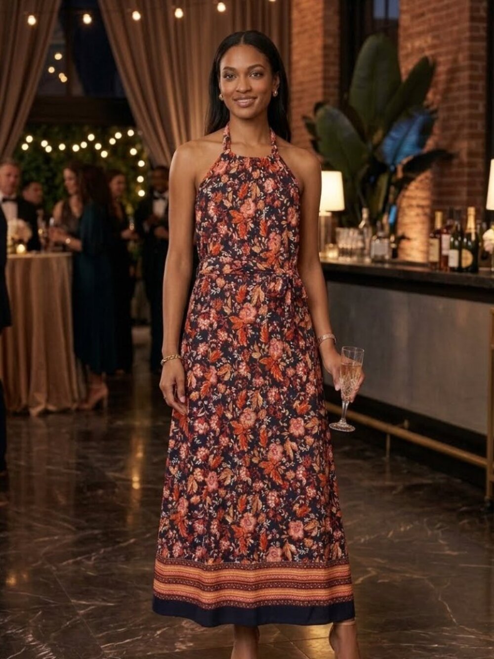 MSK Women's Halter Maxi Dress Medium Floral Elastic Back Tie Waist NWT